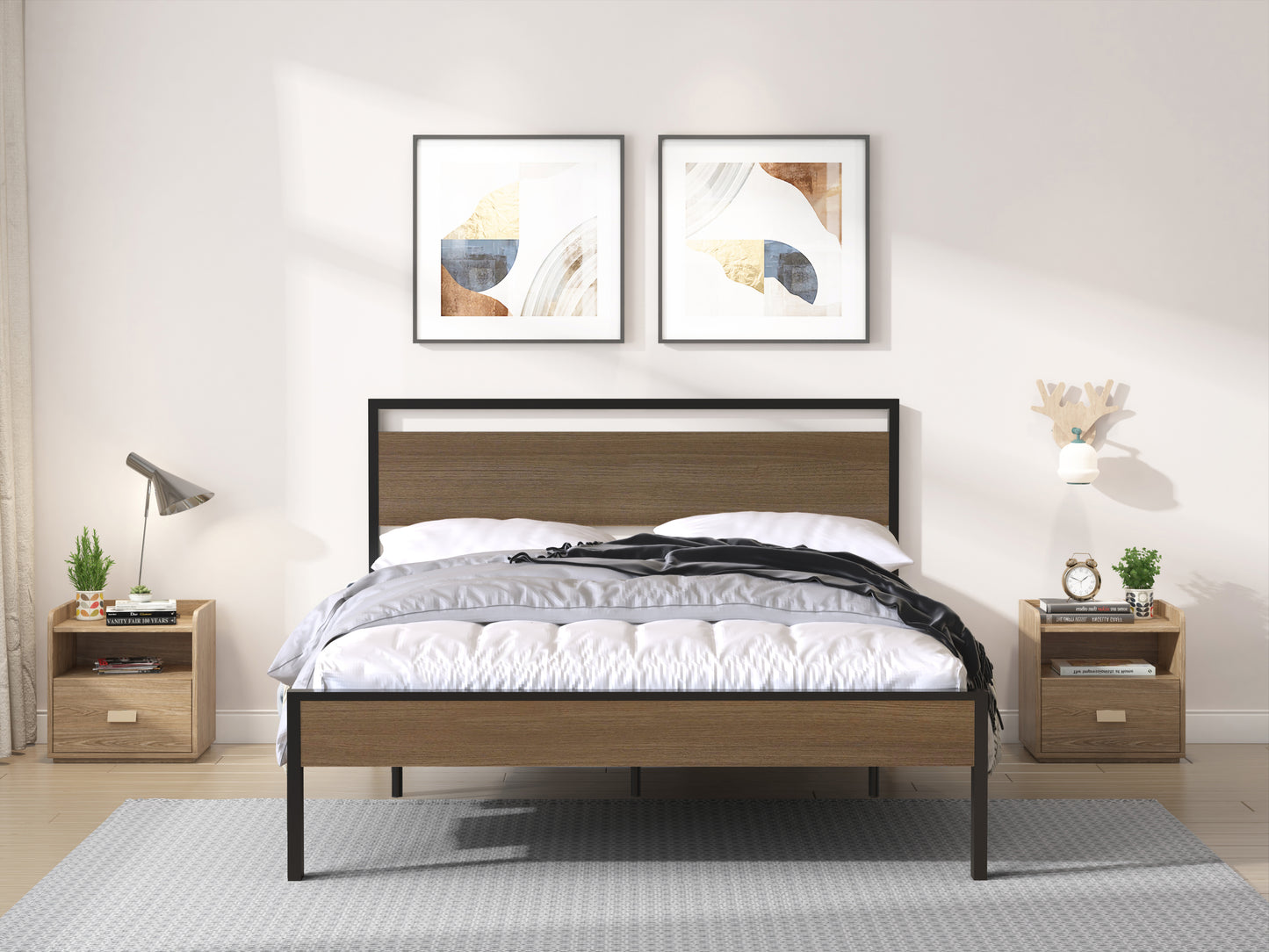 Metal Bed with Walnut Wood Headboard and Footboard,Full Bed Frame with Under Bed Storage,No Box Spring Needed,Easy Assembly,61.6in Wide