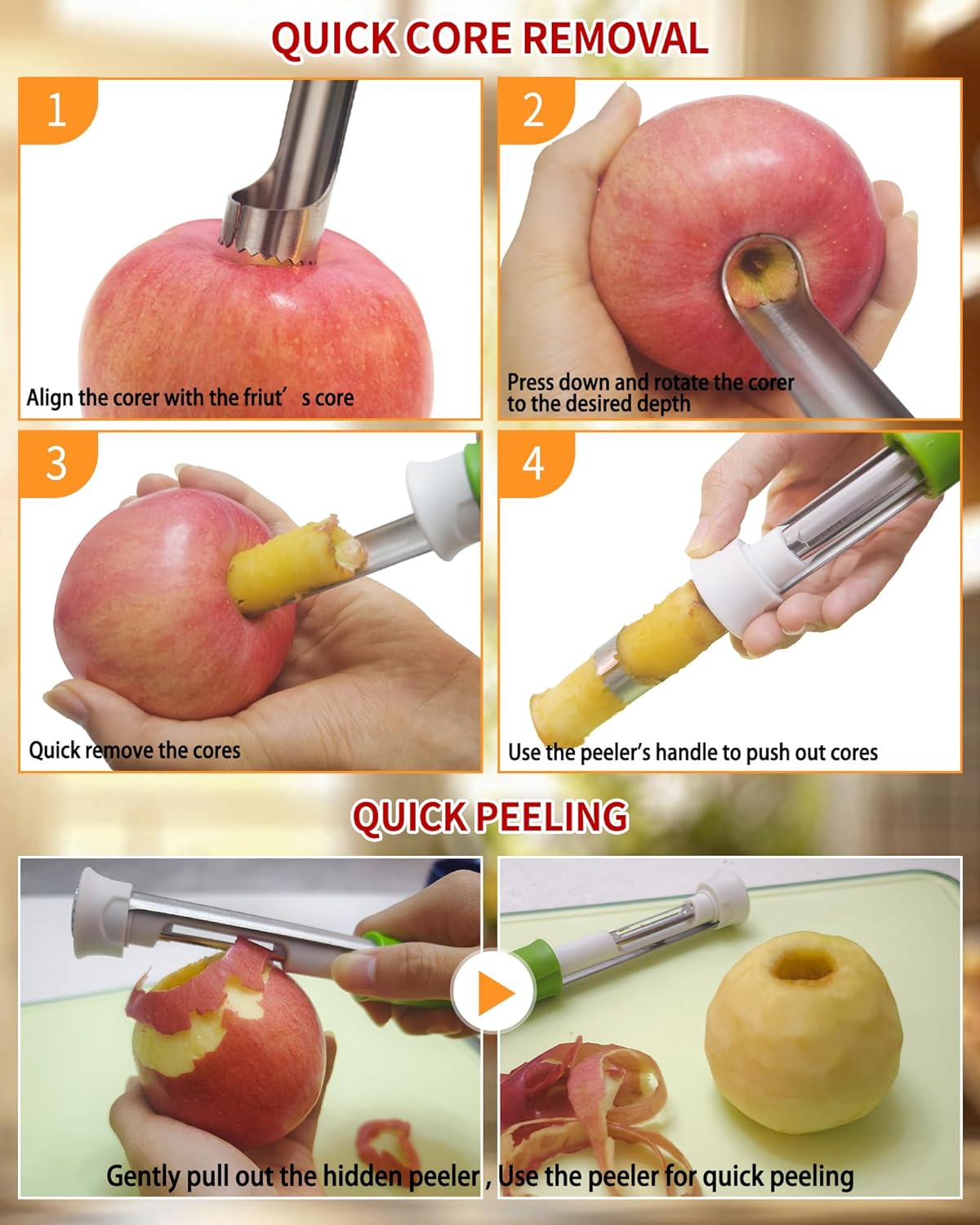2 in 1 Apple Corer and Peeler Tool, Fruit Vegetable Corer and Peeler Tool Stainless Steel Apple Peeler Apple Corer Remover Tool Multifunction Corer Tool for Vegetable Fruit Kitchen Gadget