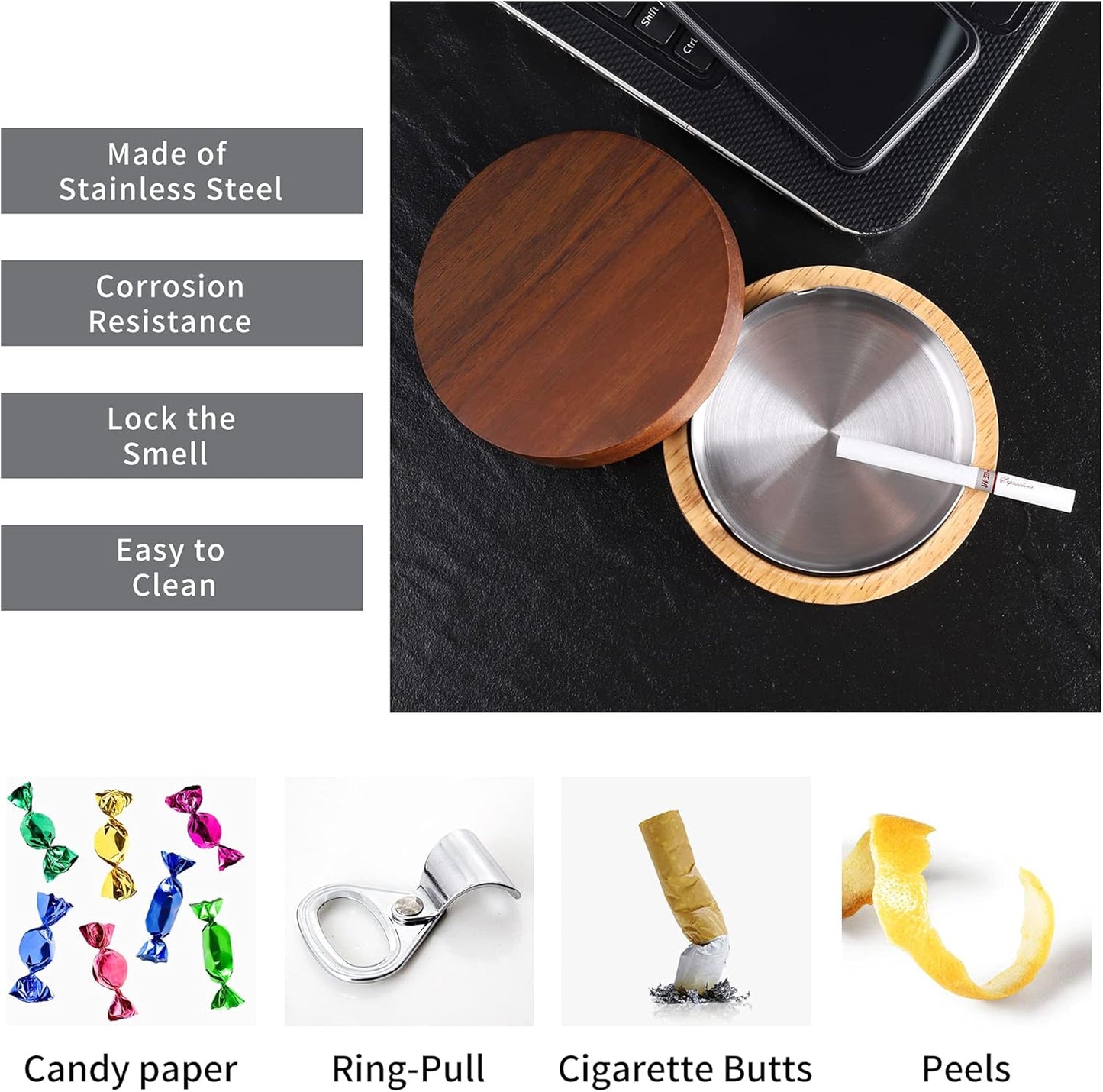 Wooden Ashtray with Lid for Smokers Stainless Steel Liner Ash Tray Windproof Durable Easy to Clean Cool Ashtrays for Indoor or Outdoor Use, Patio, Office & Home