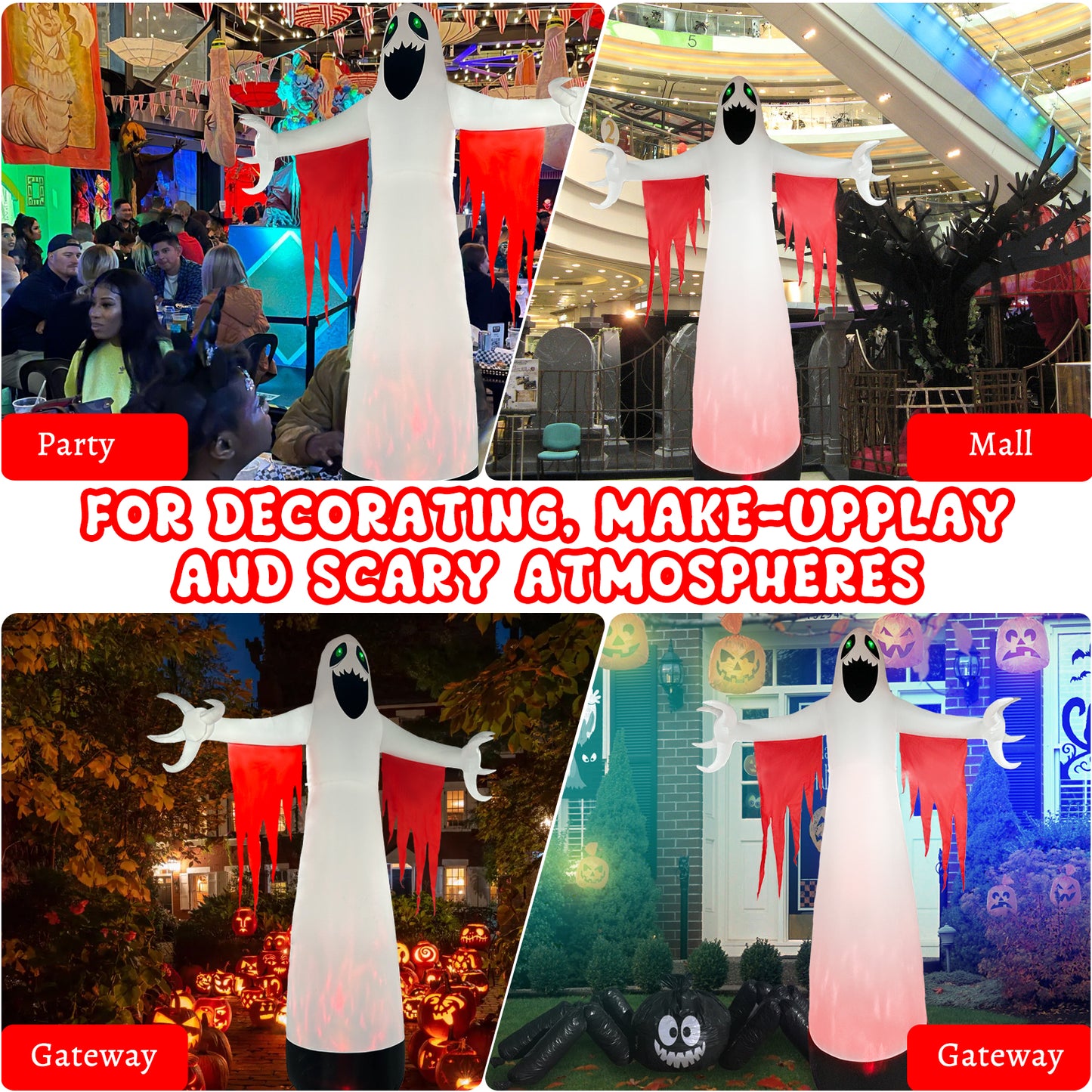 Halloween Inflatables Ghost Outdoor Decorations, Blow up Yard Decor, Spooky Horror Evil with Blinking Red Eyes Built-in LED Flame Lights for Home Holiday Party Balcony Garden Patio Lawn Outside