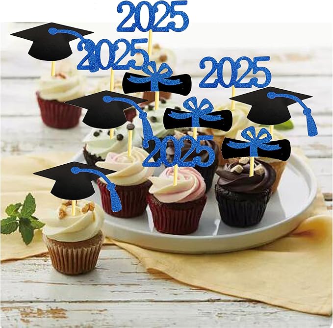 2025 Glittery Graduation Cupcake Toppers (72 Pieces) - Class of 2025 Graduation Cap Diploma Cupcake Toppers - Navy Blue