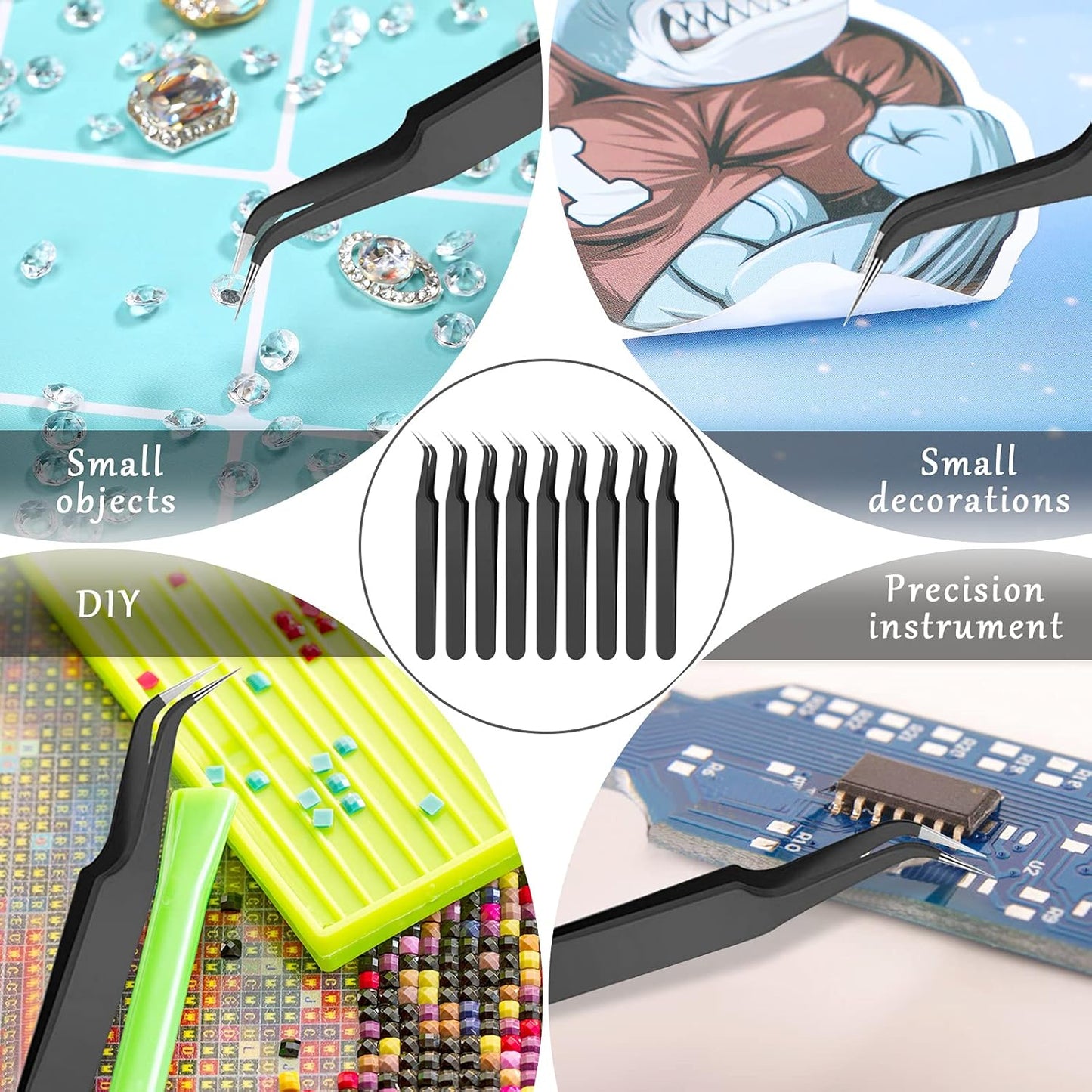 9 Pieces Curved Pointed Craft Tweezers Stainless Steel Precision Tweezer with Protective Cover for Rhinestones Dried Flowers Craft Stickers Eyelash Extension Jewelry Making(Black)