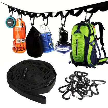 Campsite Storage Strap with 19 Separated Loops for Hanging Camping Equipment, Gear and Supplies | Includes Carabiner Hooks and Clothes Pins | Durable Campground Organizer Holds up to 150 LBS