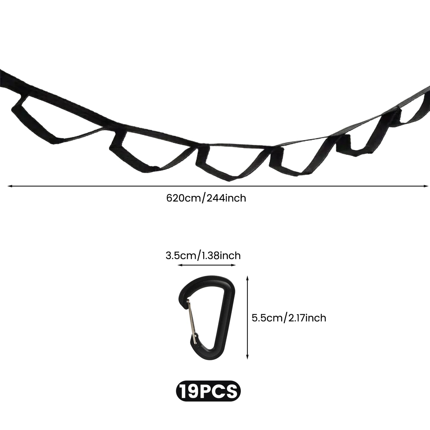 Campsite Storage Strap with 19 Separated Loops for Hanging Camping Equipment, Gear and Supplies | Includes Carabiner Hooks and Clothes Pins | Durable Campground Organizer Holds up to 150 LBS