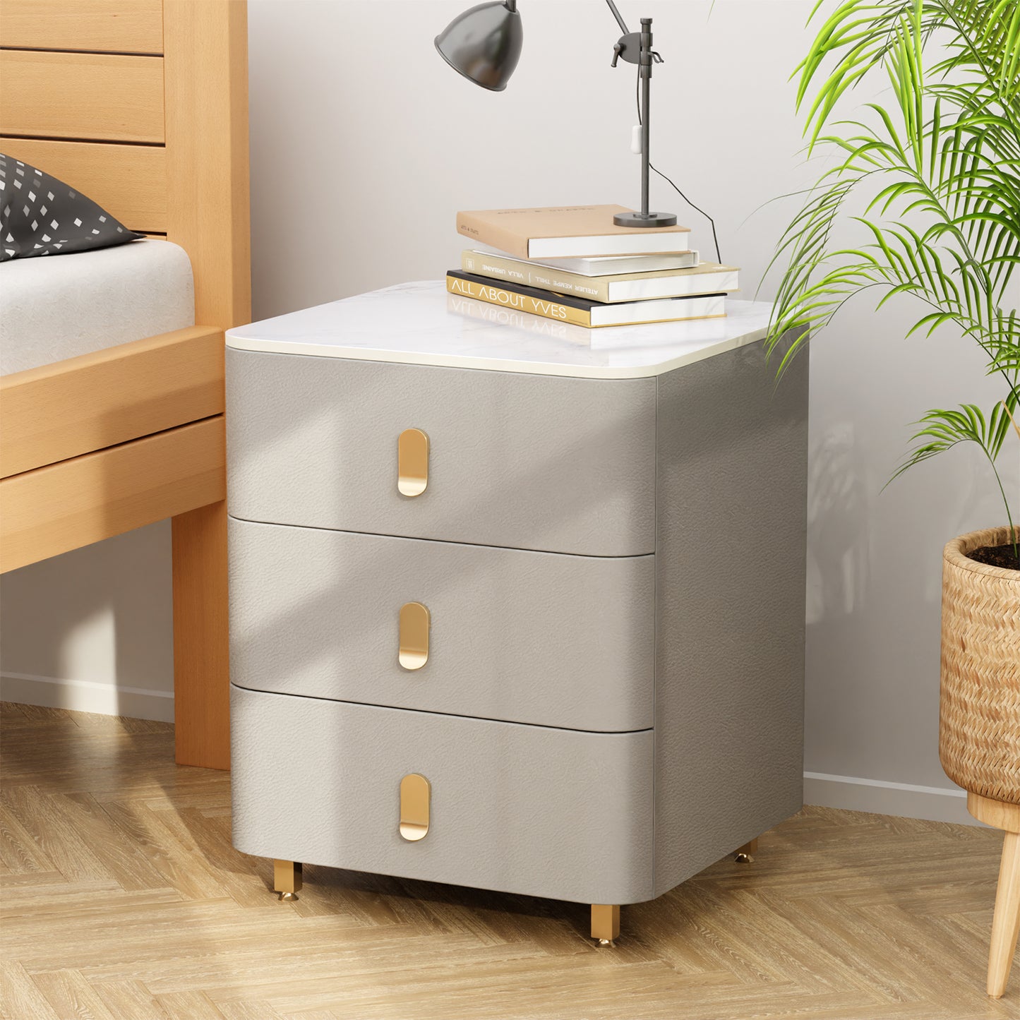 Modern Wood Nightstand,Home  Bedside Tables Dresser with 3 Drawers,Wood Storage Chest of Drawers(Gray)