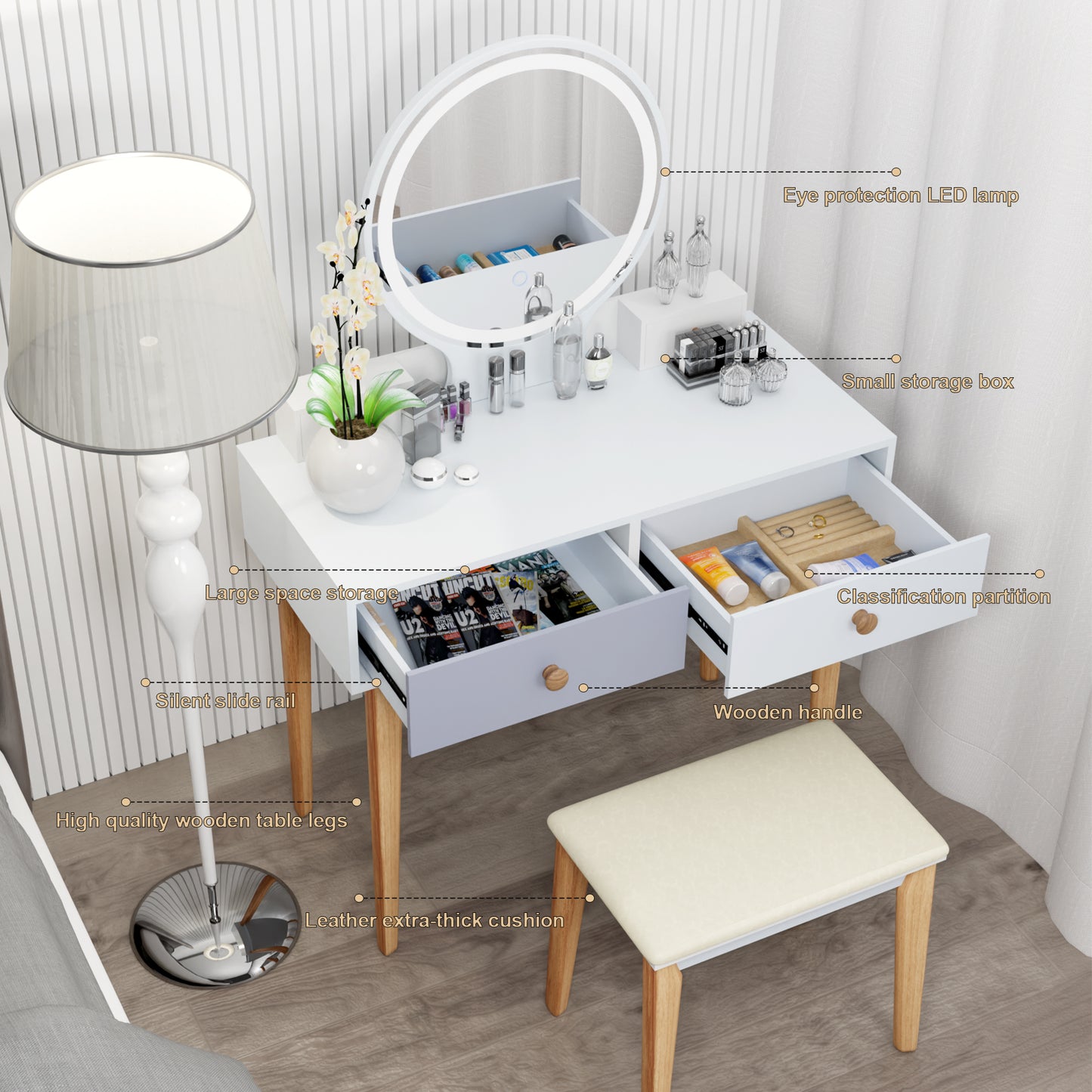 Integrated Small Vanity Desk,32 INCH Makeup Vanity Table with 4 Drawers and Mirror