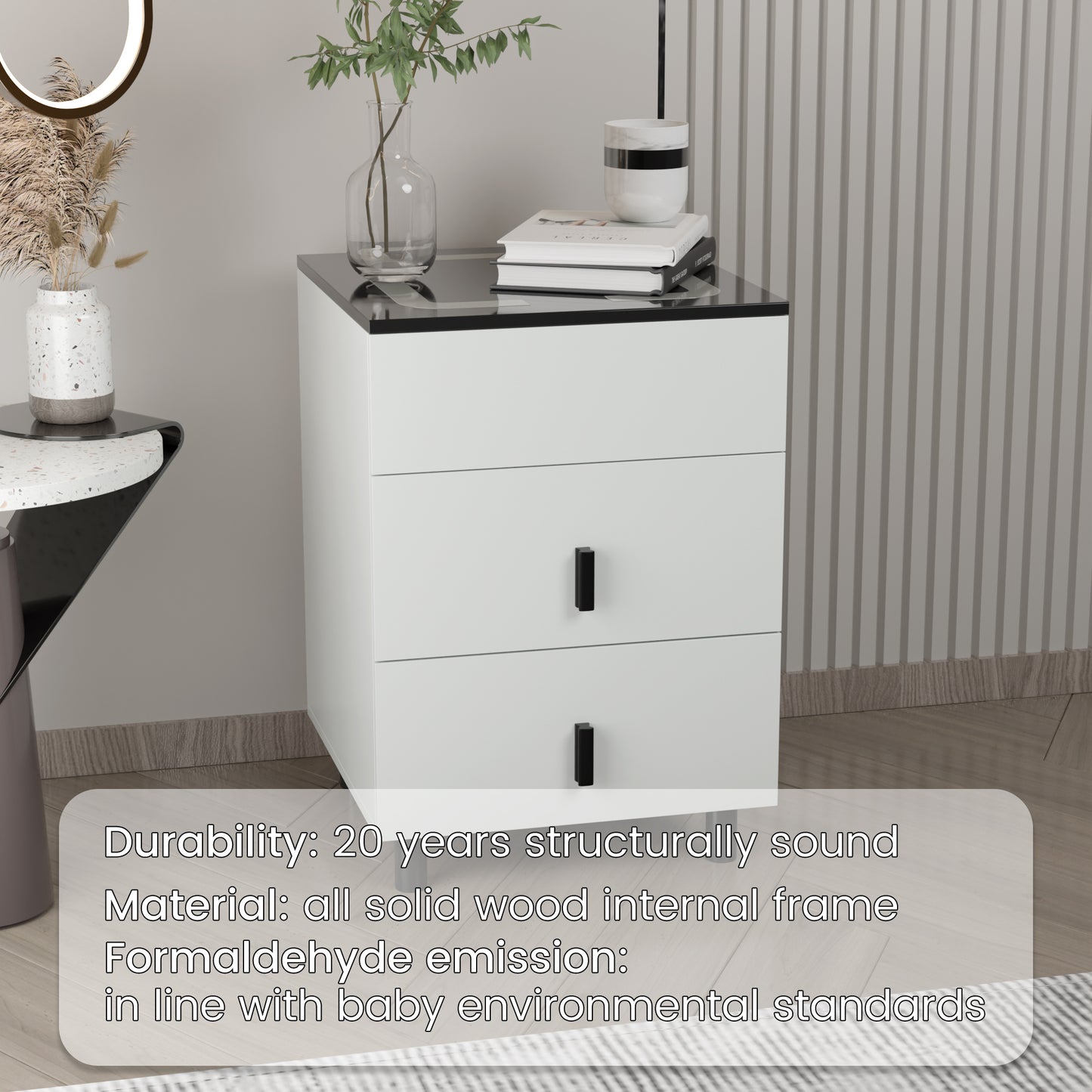The nightstand has two drawers