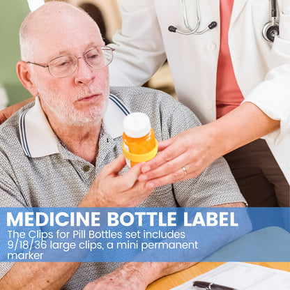 8-Pack RX Clips for Pill Bottles, Reusable Medicine Bottle Label Clips with 2 Erasable Markers,