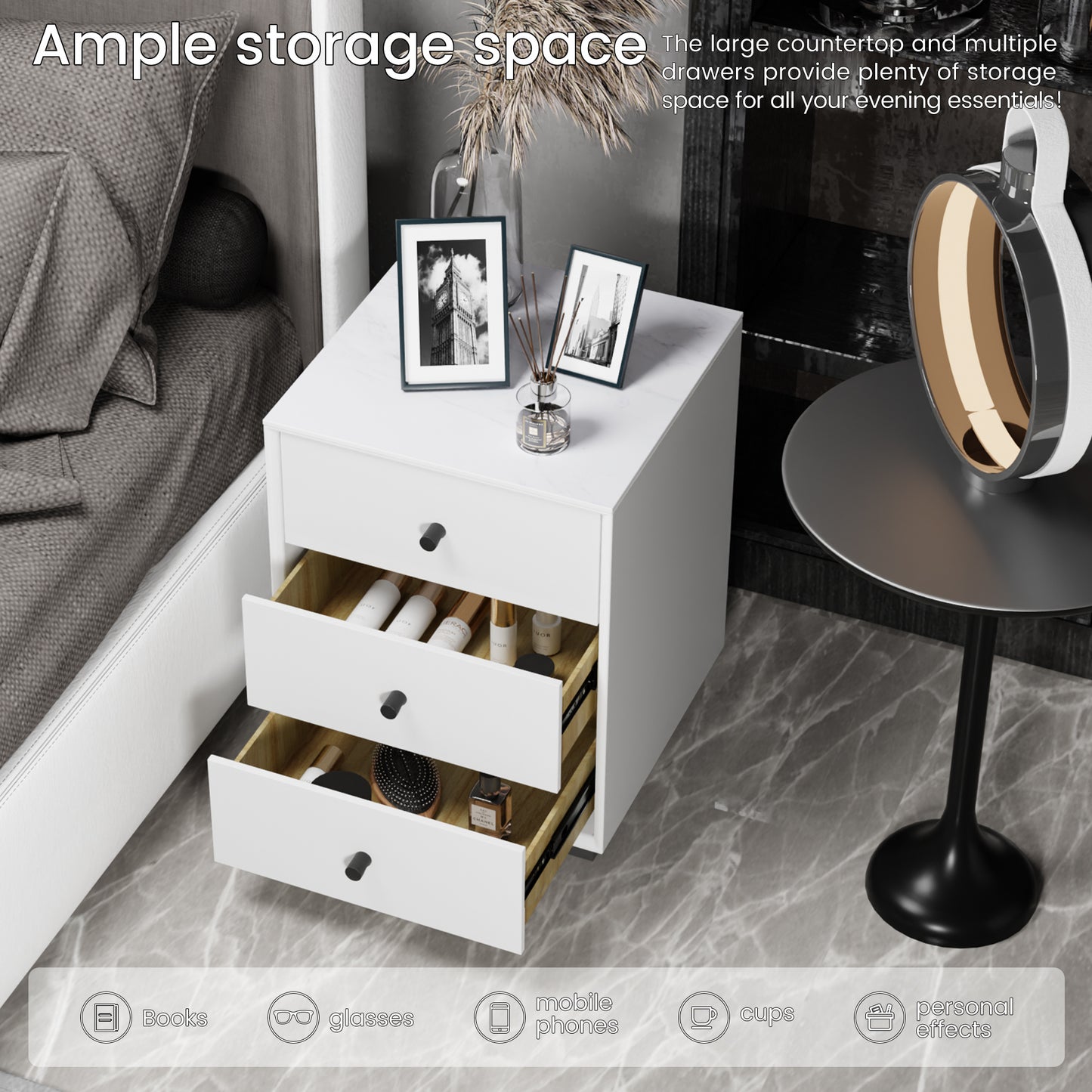 Nightstand with three drawers(White)