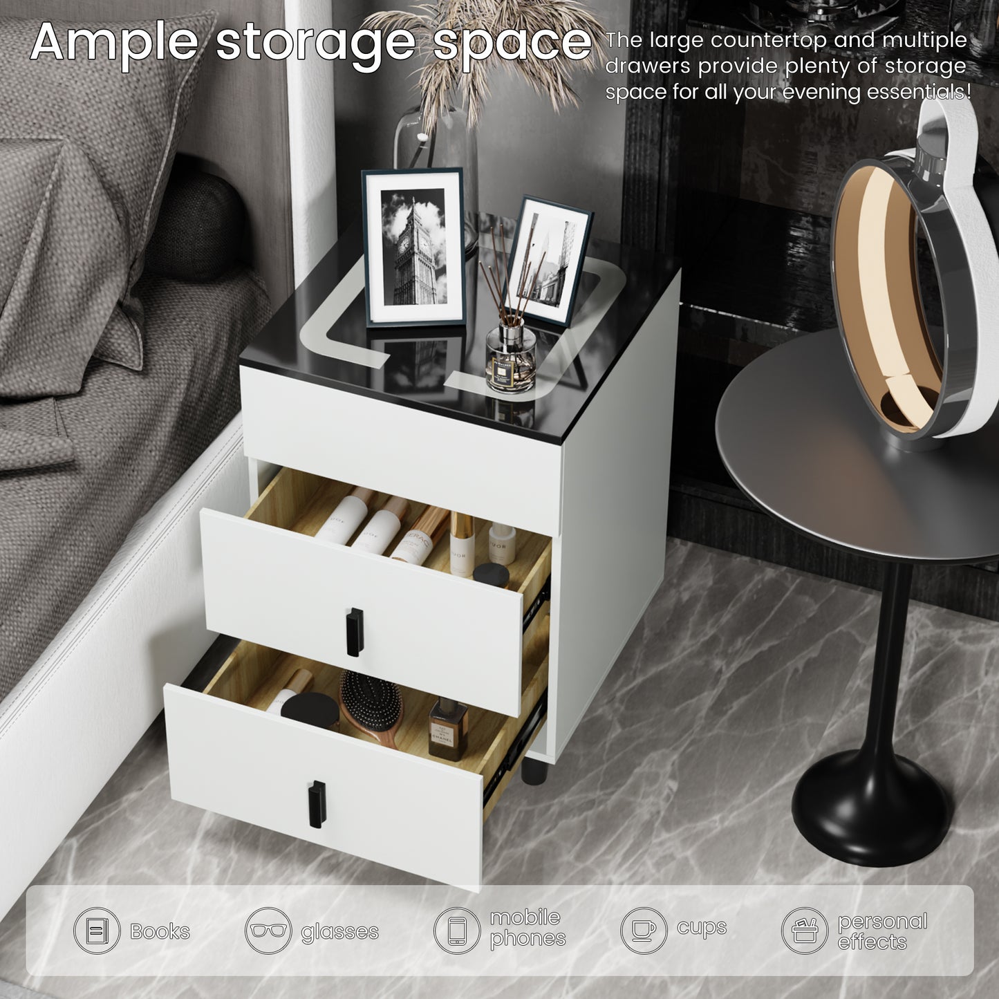 The nightstand has two drawers