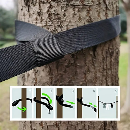 Campsite Storage Strap with 19 Separated Loops for Hanging Camping Equipment, Gear and Supplies | Includes Carabiner Hooks and Clothes Pins | Durable Campground Organizer Holds up to 150 LBS