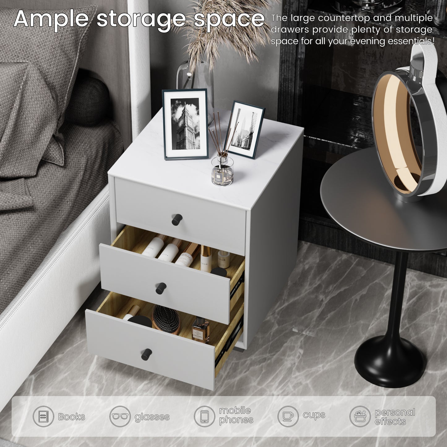 Nightstand with three drawers(Gray)