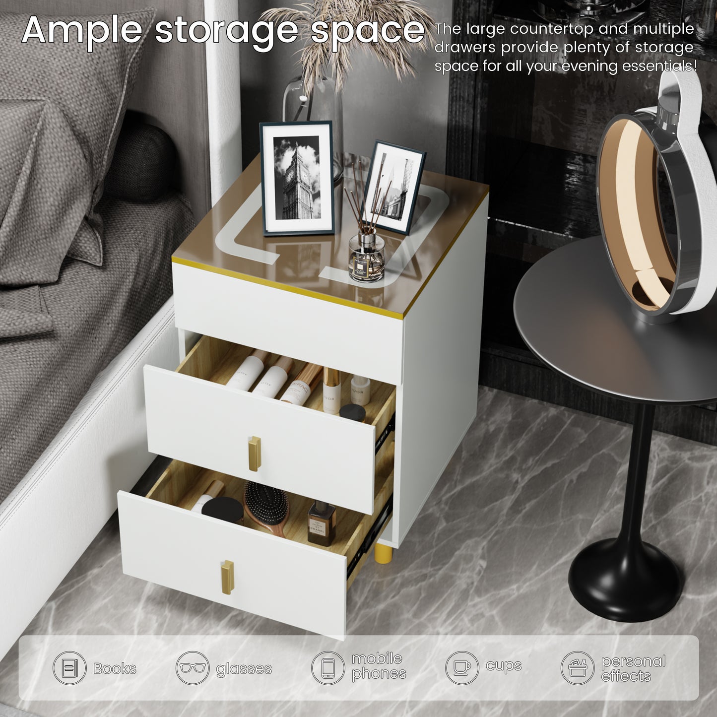 Nightstand with two drawers(White Brown)