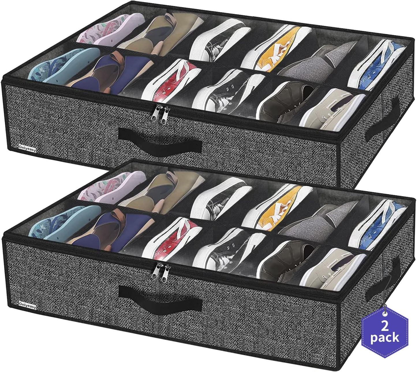 Sturdy Under Bed Shoe Storage Organizer, Set of 2, Fit 12 to 24 Pairs, Underbed Shoes Closet Storage Solution with Clear Window, Breathable, L29.3 x W23.6 x H5.9, Linen-like Black