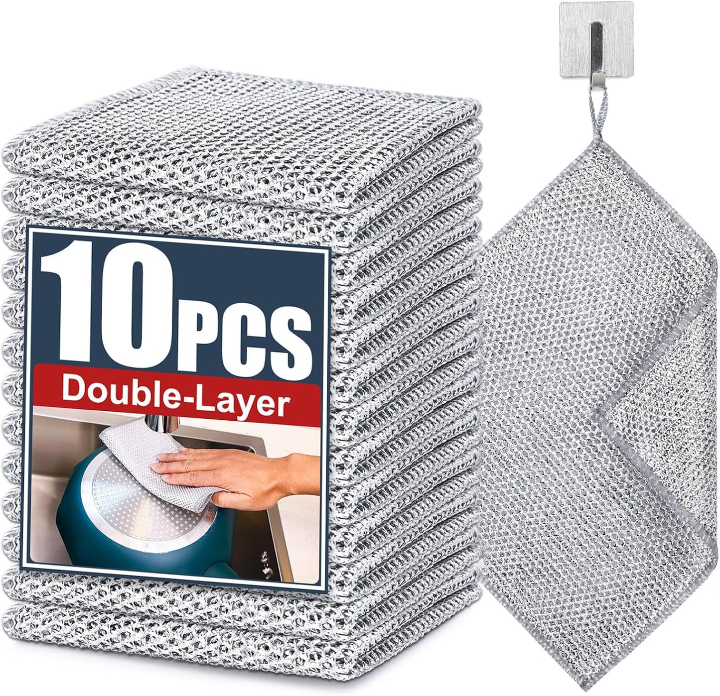 10 Pcs New Upgrade Steel Wire Dishcloth,Double-Layer Steel Wire Cleaning Cloth,Powerful Cleaning Non-Scratch Wire Dishcloth Rag for Cookware, Sinks, Dishes, Stove Tops