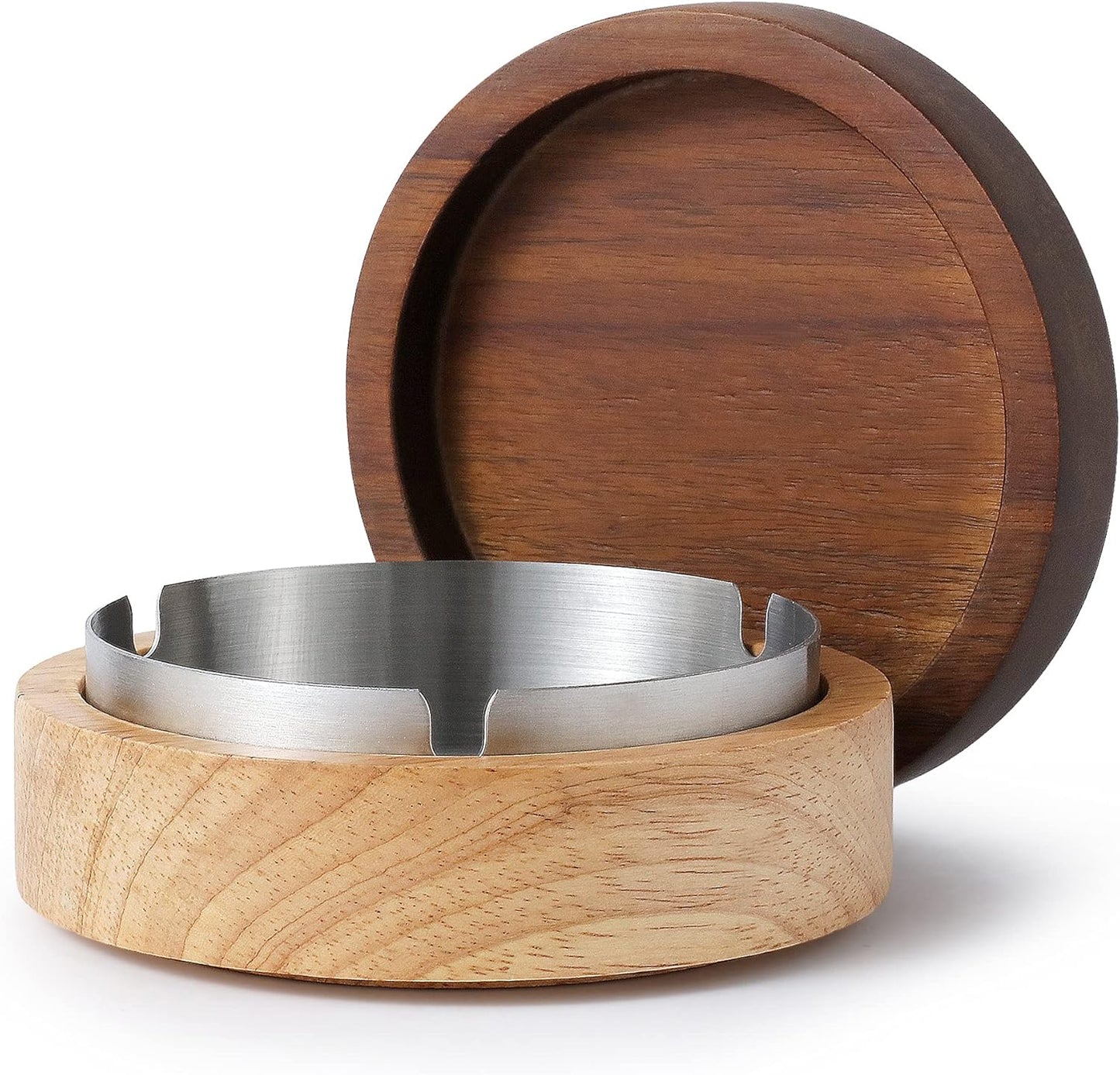 Wooden Ashtray with Lid for Smokers Stainless Steel Liner Ash Tray Windproof Durable Easy to Clean Cool Ashtrays for Indoor or Outdoor Use, Patio, Office & Home