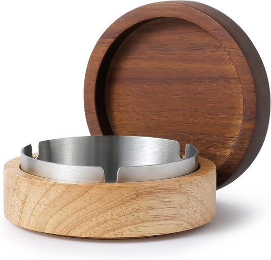 Wooden Ashtray with Lid for Smokers Stainless Steel Liner Ash Tray Windproof Durable Easy to Clean Cool Ashtrays for Indoor or Outdoor Use, Patio, Office & Home