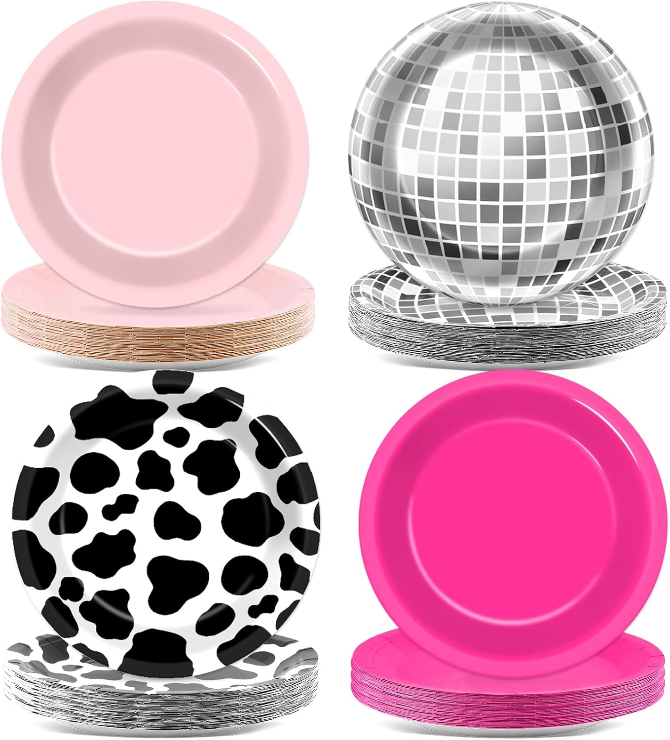 48Pcs Western Cowgirl Party Paper Plates for Cow Print Themed Party Supplies 7" Hot Pink Disco Ball Disposable Dessert Plates for Cowgirl Birthday Bachelorette 80s 90s Disco Shower Party Decorations