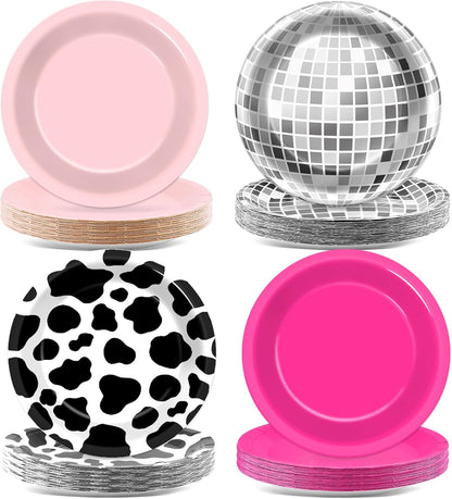 48Pcs Western Cowgirl Party Paper Plates for Cow Print Themed Party Supplies 7" Hot Pink Disco Ball Disposable Dessert Plates for Cowgirl Birthday Bachelorette 80s 90s Disco Shower Party Decorations