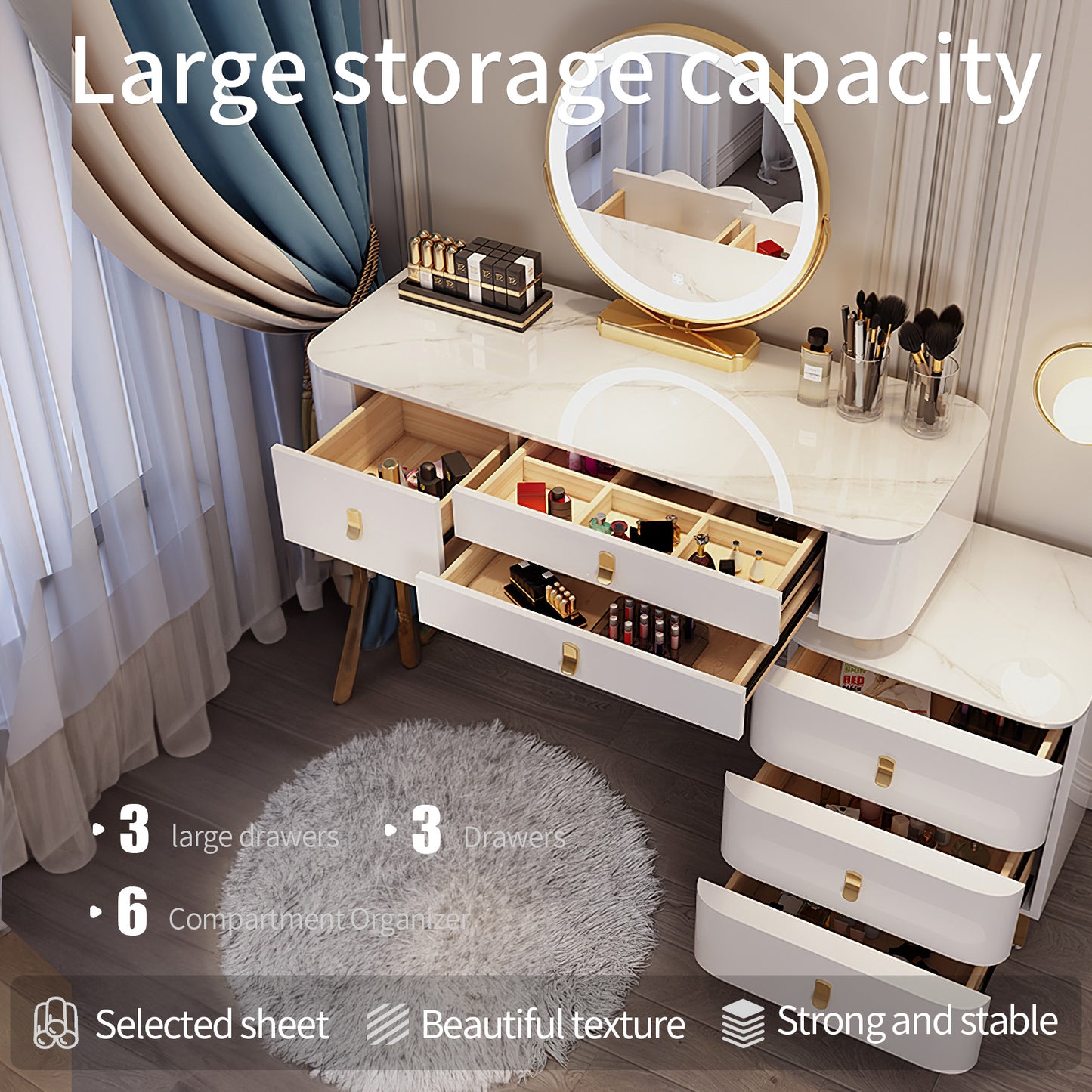 Classic curved upholstered cream-themed makeup vanity with a round stool set