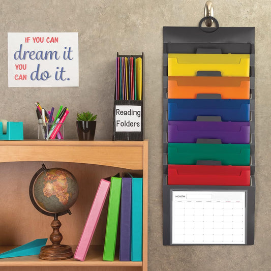 Cascading Wall File Organizer, Classrom Organization and Storage, 6 Removable Poly Hanging File Folders, Command Center Wall Organizer, Gray with Assorted Color Folders