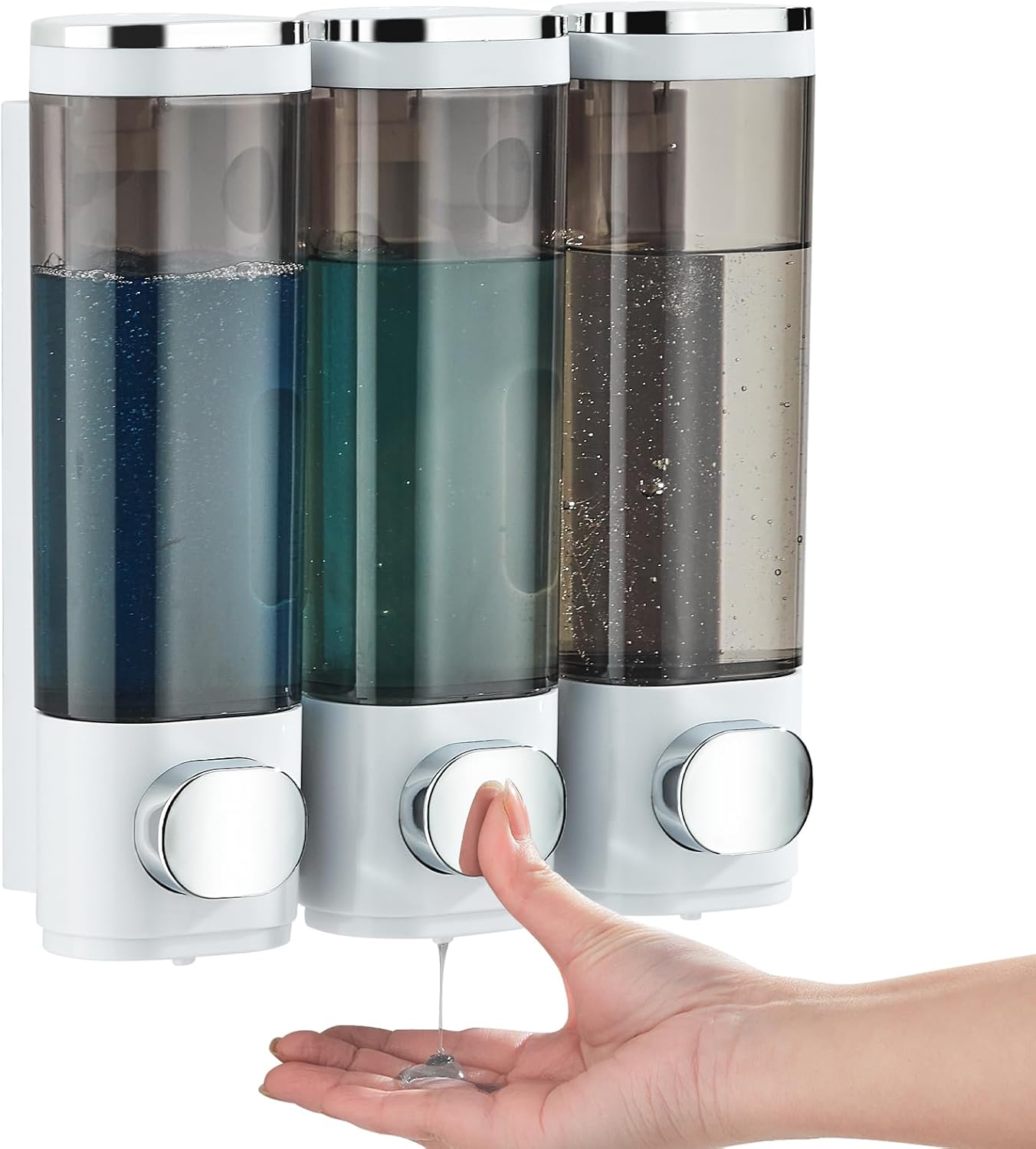 Shampoo and Conditioner Dispenser, Pollock Shower Soap Dispenser 3 Chamber No Drill, Wall Mounted Shampoo Body Wash Conditioner for Bathroom Large