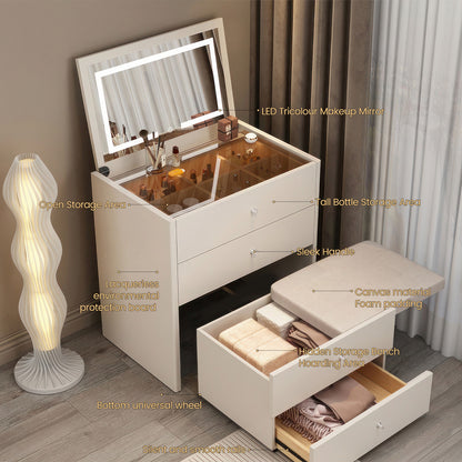 Integrated Small Vanity Desk with Mirror,Flip Top Lighted Mirror Makeup Table,Compact Makeup Vanity with 4 Drawers,Corner Vanity Desk,Soft Makeup Stool,Transparent Top Countertop
