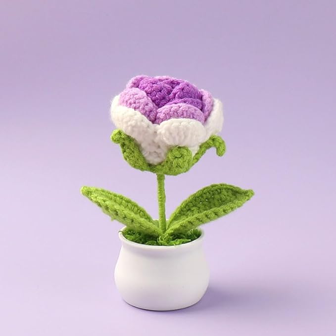 Crochet Rose Potted, 2pcs Mini Artificial Plants Rose Flowers Potted Plants Handmade Knitting Flower for Family and Friends, Crochet Flowers for Home Car Decor (Gradient Purple)