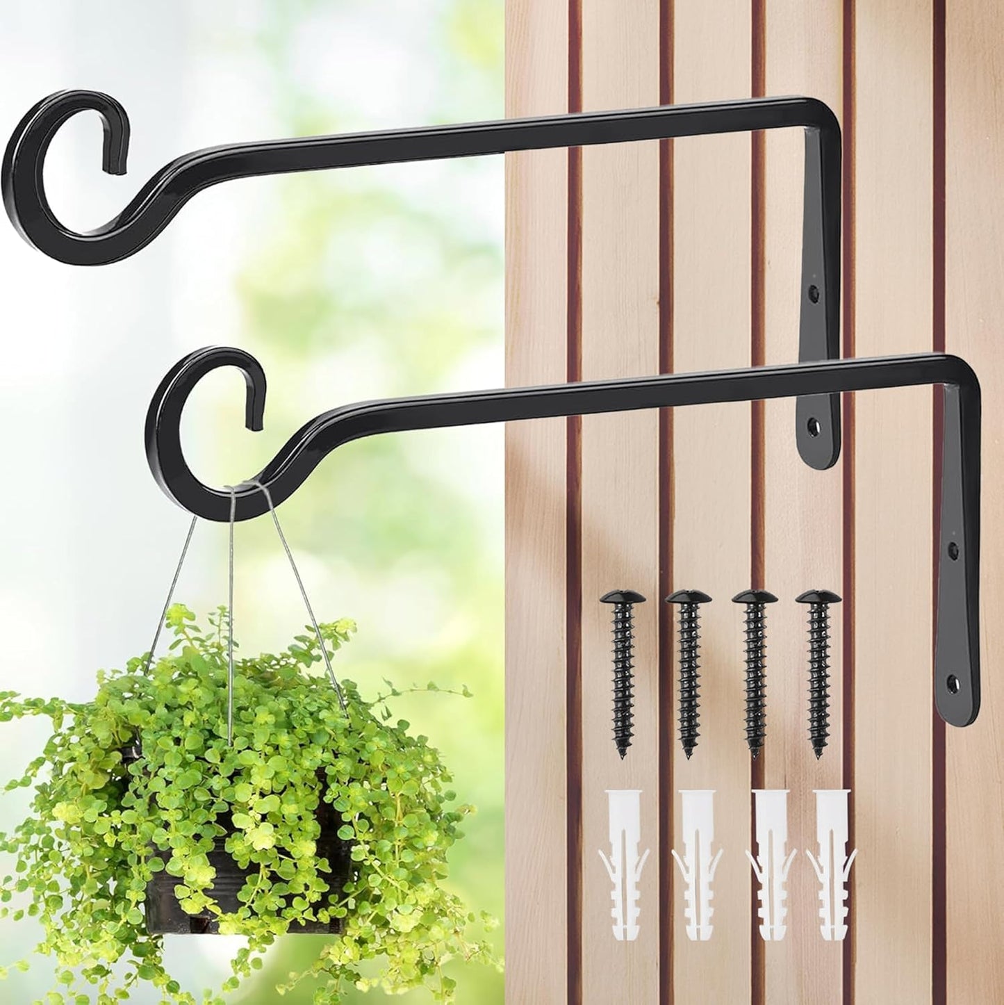 2 Pack 10 inch Black s Hooks for Hanging,Plants Outdoor Decor, basketswith Screws and Wall Anchors, Heavy Duty Ceiling Hooks Durable Wall Hooks Maximum Load 48 lbs