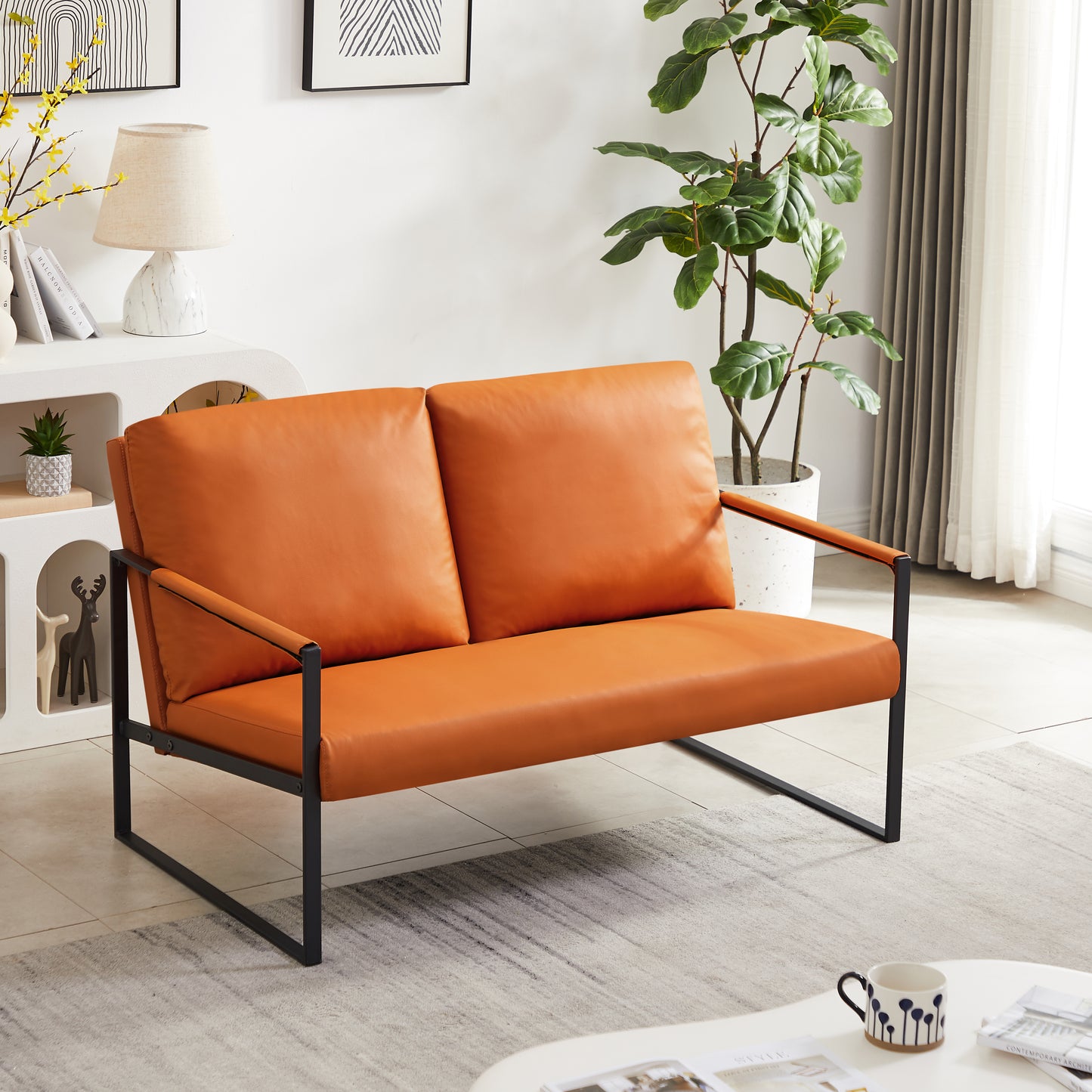 Pvc Leather Accent Arm Chair with Extra Thick Padded Backrest and Seat Cushion Sofa Chairs,Non-Slip Adsorption Feet,Sturdy Metal Frame,Lounge,Living Room,Office or The Reception Area,Orange