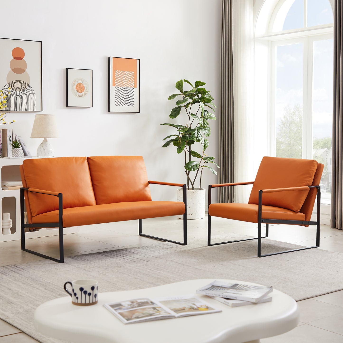 Pvc Leather Accent Arm Chair with Extra Thick Padded Backrest and Seat Cushion Sofa Chairs,Non-Slip Adsorption Feet,Sturdy Metal Frame,Lounge,Living Room,Office or The Reception Area,Orange