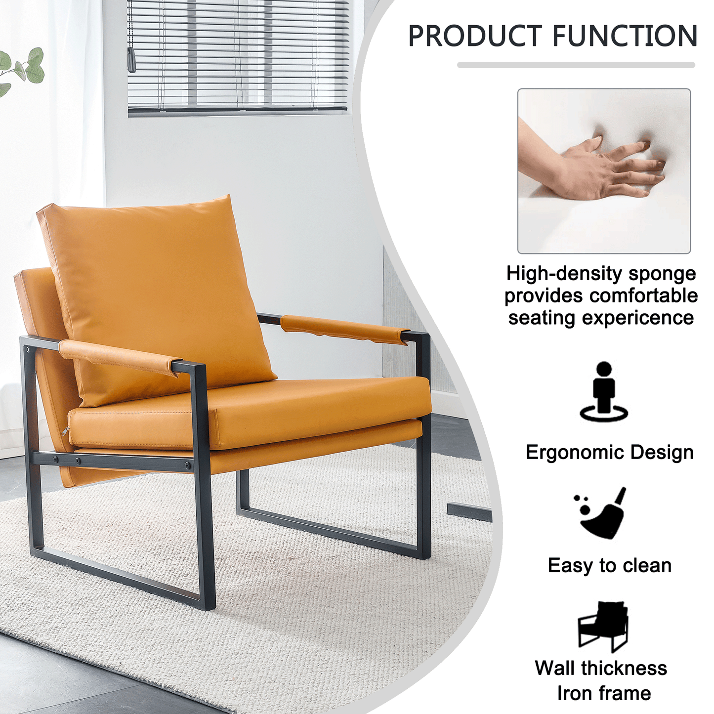 PU Leather Accent Arm Chair Mid Century Upholstered Armchair with Metal Frame Extra-Thick Padded Backrest and Seat Cushion Sofa Chairs for Living Room ( orange PU Leather + Metal Frame + Foam)