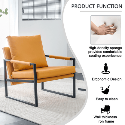 PU Leather Accent Arm Chair Mid Century Upholstered Armchair with Metal Frame Extra-Thick Padded Backrest and Seat Cushion Sofa Chairs for Living Room ( orange PU Leather + Metal Frame + Foam)
