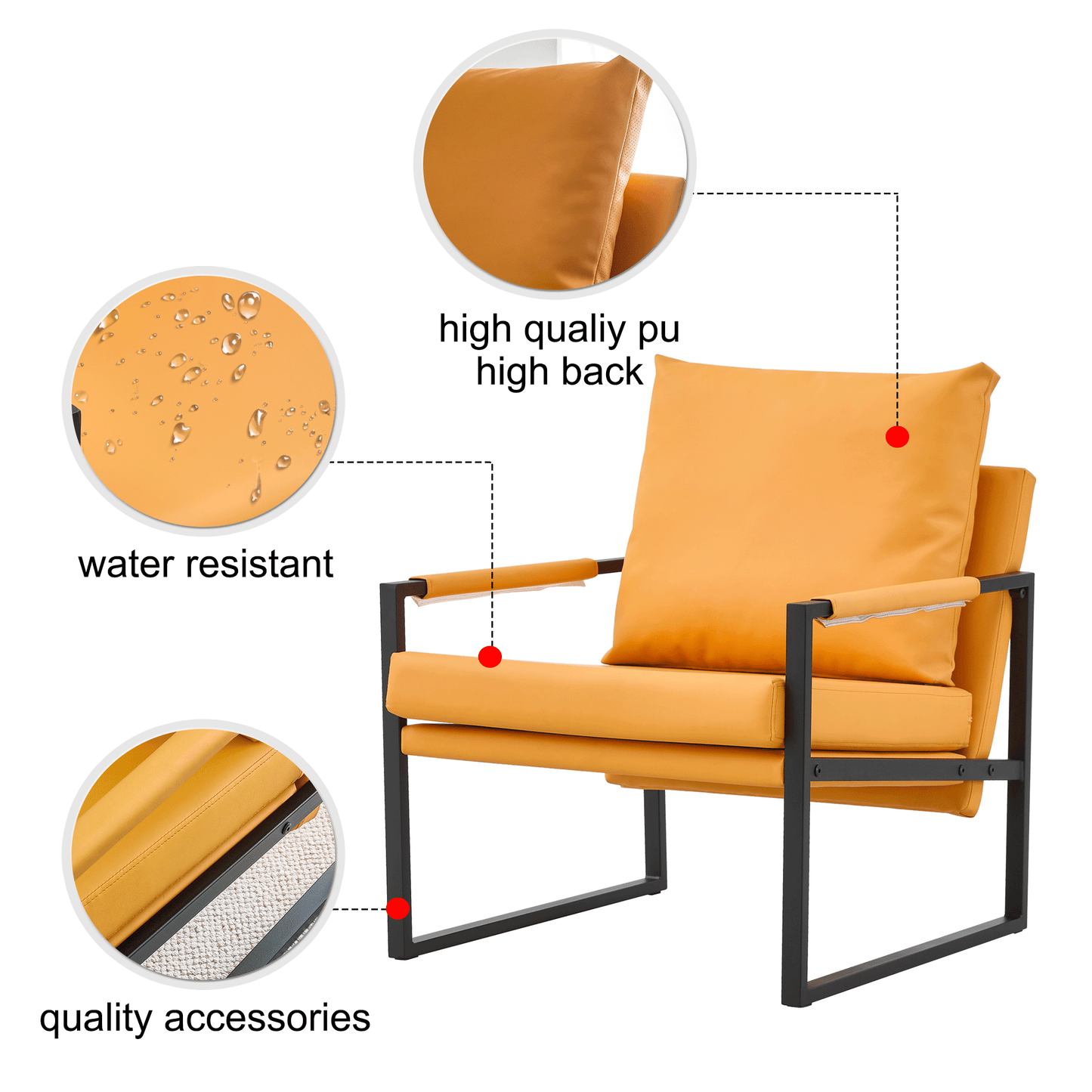 PU Leather Accent Arm Chair Mid Century Upholstered Armchair with Metal Frame Extra-Thick Padded Backrest and Seat Cushion Sofa Chairs for Living Room ( orange PU Leather + Metal Frame + Foam)