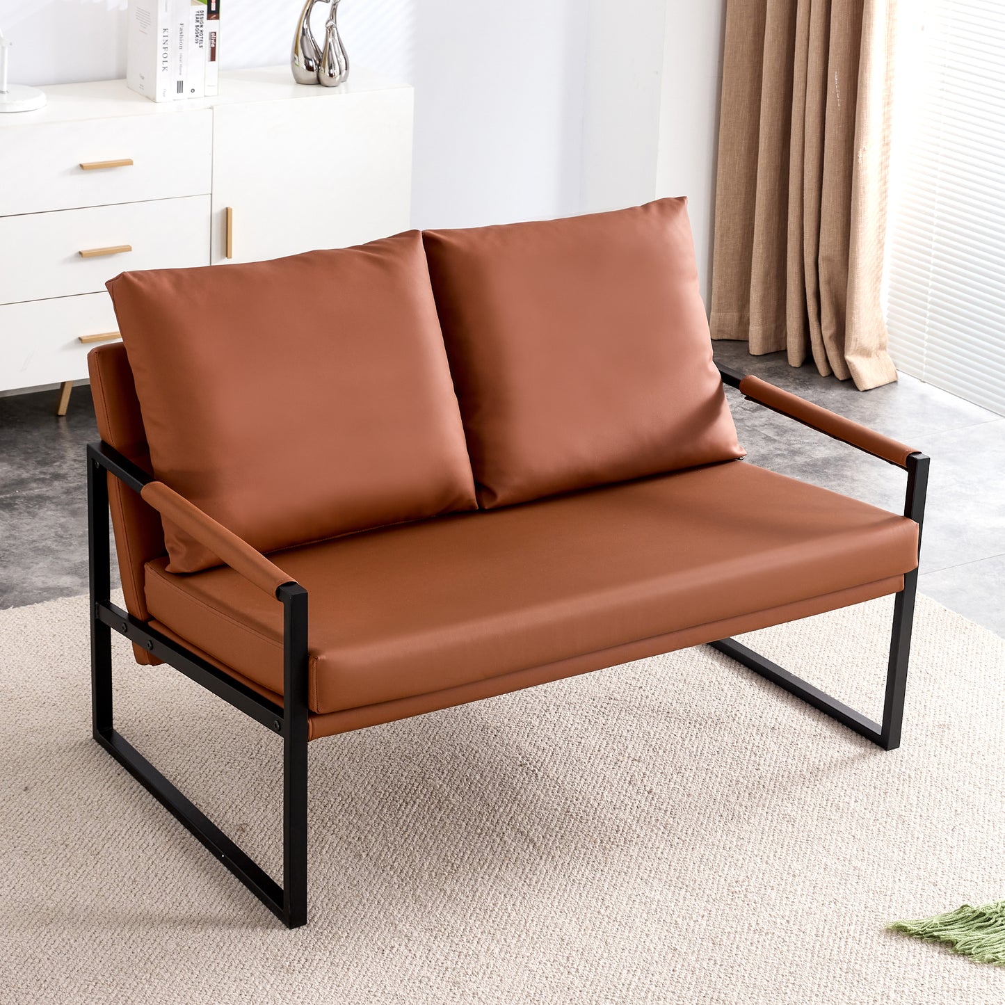 Modern Two-Seat Sofa Chair with 2 Pillows,PU Leather,High-Density Foam,Black Coated Metal Frame,Brown