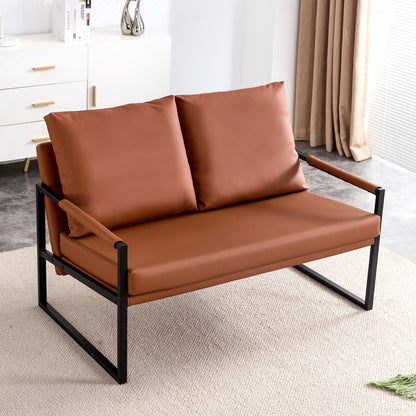 Modern Two-Seat Sofa Chair with 2 Pillows,PU Leather,High-Density Foam,Black Coated Metal Frame,Brown