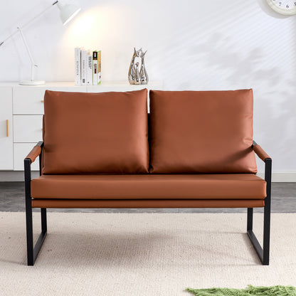 Modern Two-Seat Sofa Chair with 2 Pillows,PU Leather,High-Density Foam,Black Coated Metal Frame,Brown
