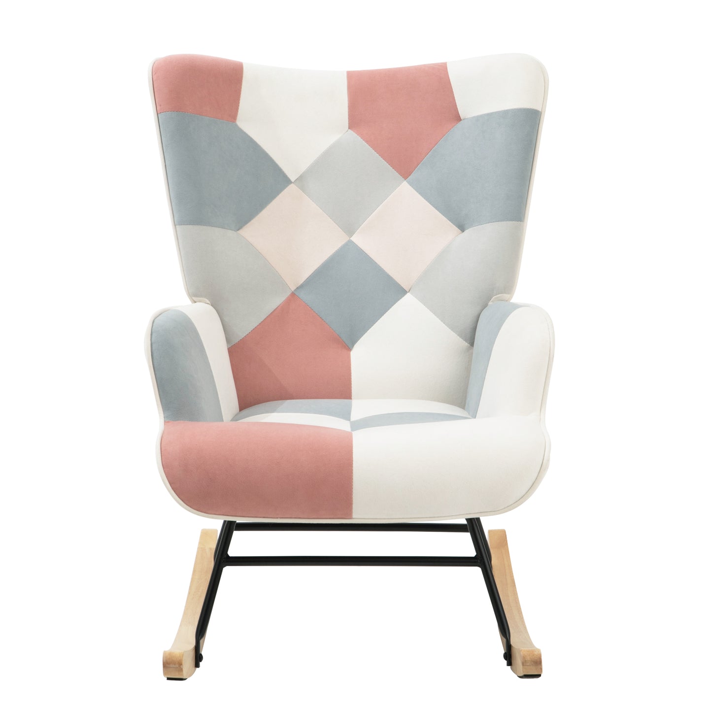 Accent Rocking Chair,Mid Century Fabric Rocker Chair with Wood Legs and Patchwork Linen for Living room Bedroom