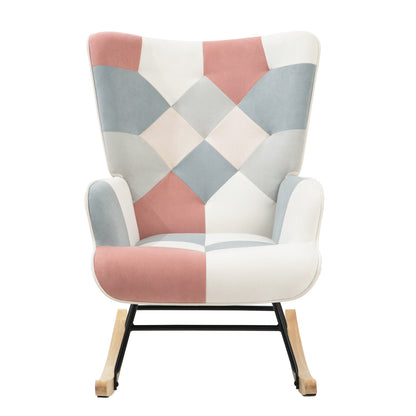 Accent Rocking Chair,Mid Century Fabric Rocker Chair with Wood Legs and Patchwork Linen for Living room Bedroom