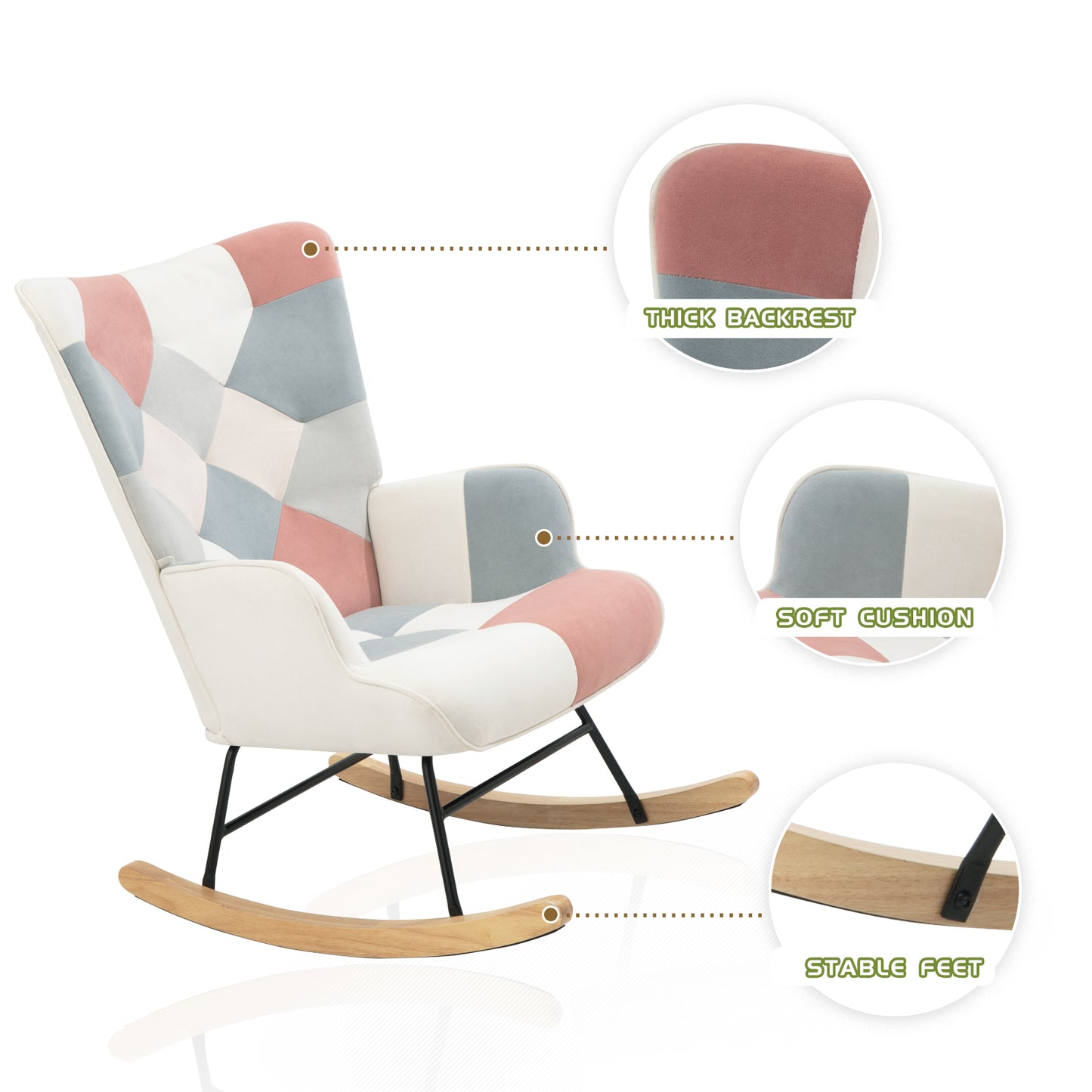 Accent Rocking Chair,Mid Century Fabric Rocker Chair with Wood Legs and Patchwork Linen for Living room Bedroom