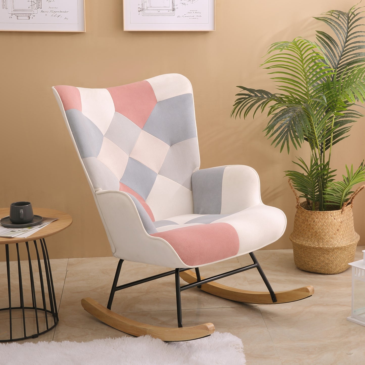Accent Rocking Chair,Mid Century Fabric Rocker Chair with Wood Legs and Patchwork Linen for Living room Bedroom