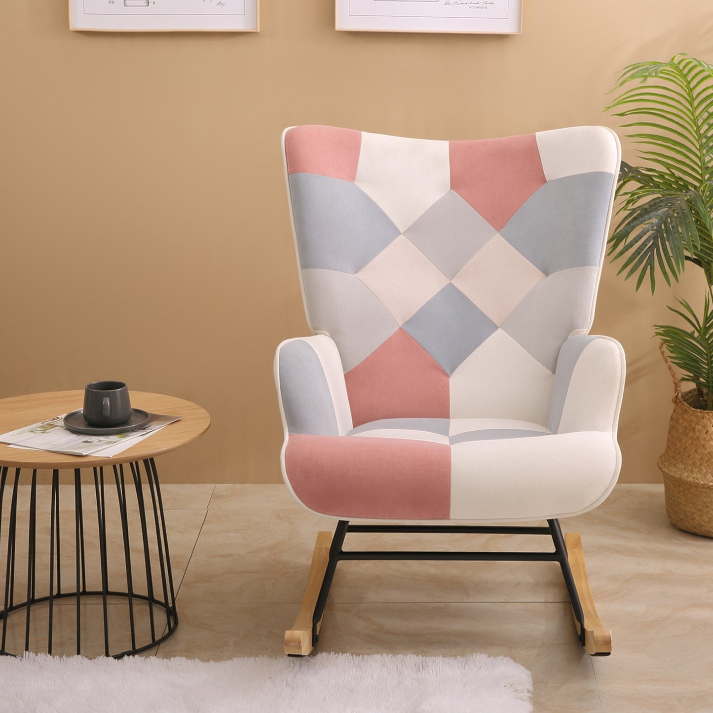 Accent Rocking Chair,Mid Century Fabric Rocker Chair with Wood Legs and Patchwork Linen for Living room Bedroom