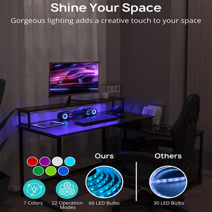 Home Office Computer Desk with File Drawer,LED Strip,Power Outlet,L-Shaped Gaming Desk with Monitor Shelf and Printer Storage Shelf