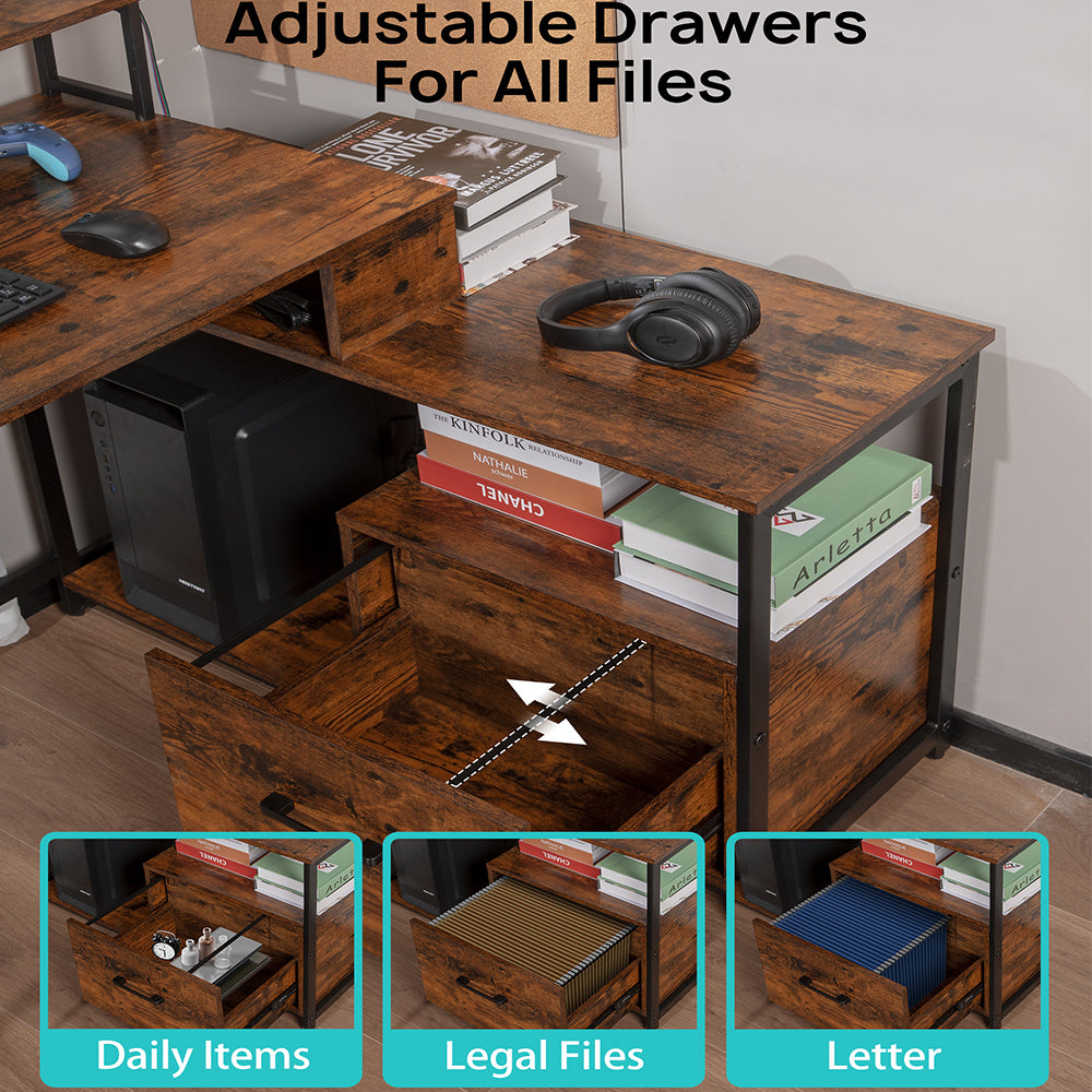 Home Office Computer Desk with File Drawer,LED Strip,Power Outlet,L-Shaped Gaming Desk with Monitor Shelf and Printer Storage Shelf