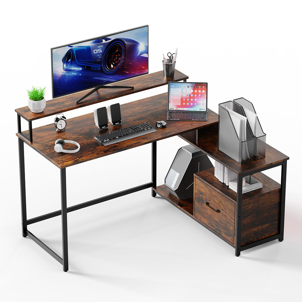 Home Office Computer Desk with File Drawer,LED Strip,Power Outlet,L-Shaped Gaming Desk with Monitor Shelf and Printer Storage Shelf