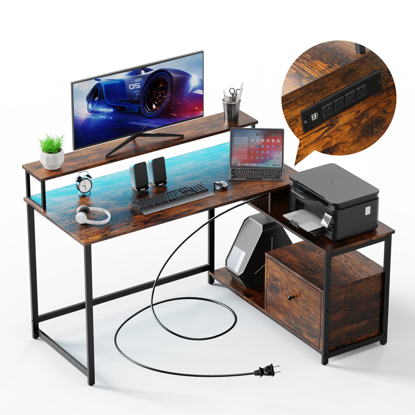 Home Office Computer Desk with File Drawer,LED Strip,Power Outlet,L-Shaped Gaming Desk with Monitor Shelf and Printer Storage Shelf