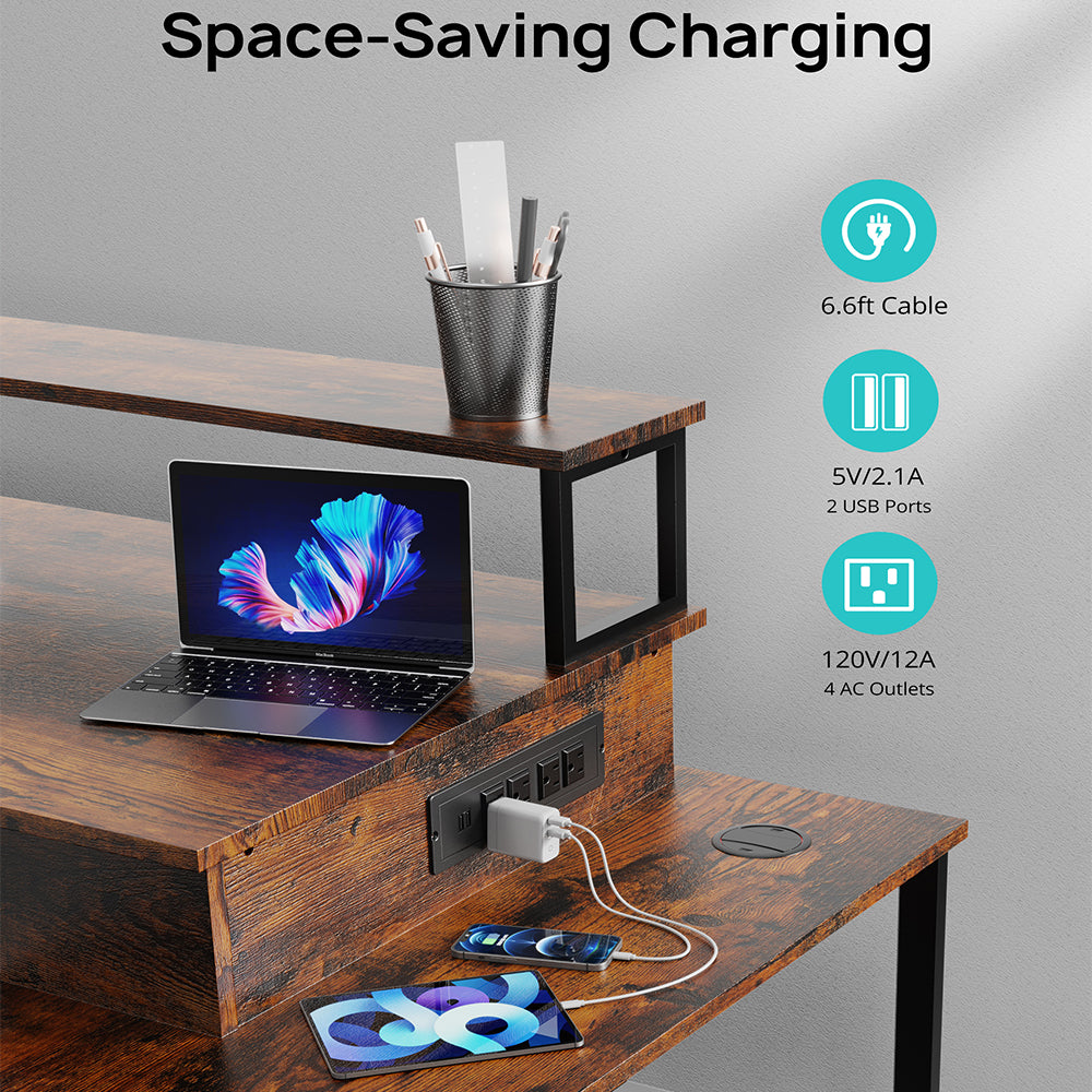 Home Office Computer Desk with File Drawer,LED Strip,Power Outlet,L-Shaped Gaming Desk with Monitor Shelf and Printer Storage Shelf