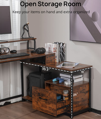 Home Office Computer Desk with File Drawer,LED Strip,Power Outlet,L-Shaped Gaming Desk with Monitor Shelf and Printer Storage Shelf