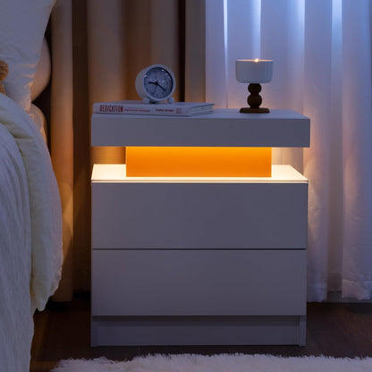 LED Nightstand,Modern Night Stand with 2 Drawers,Multi-color LED Bedside Table,Smart Nightstand for Bedroom, White end table