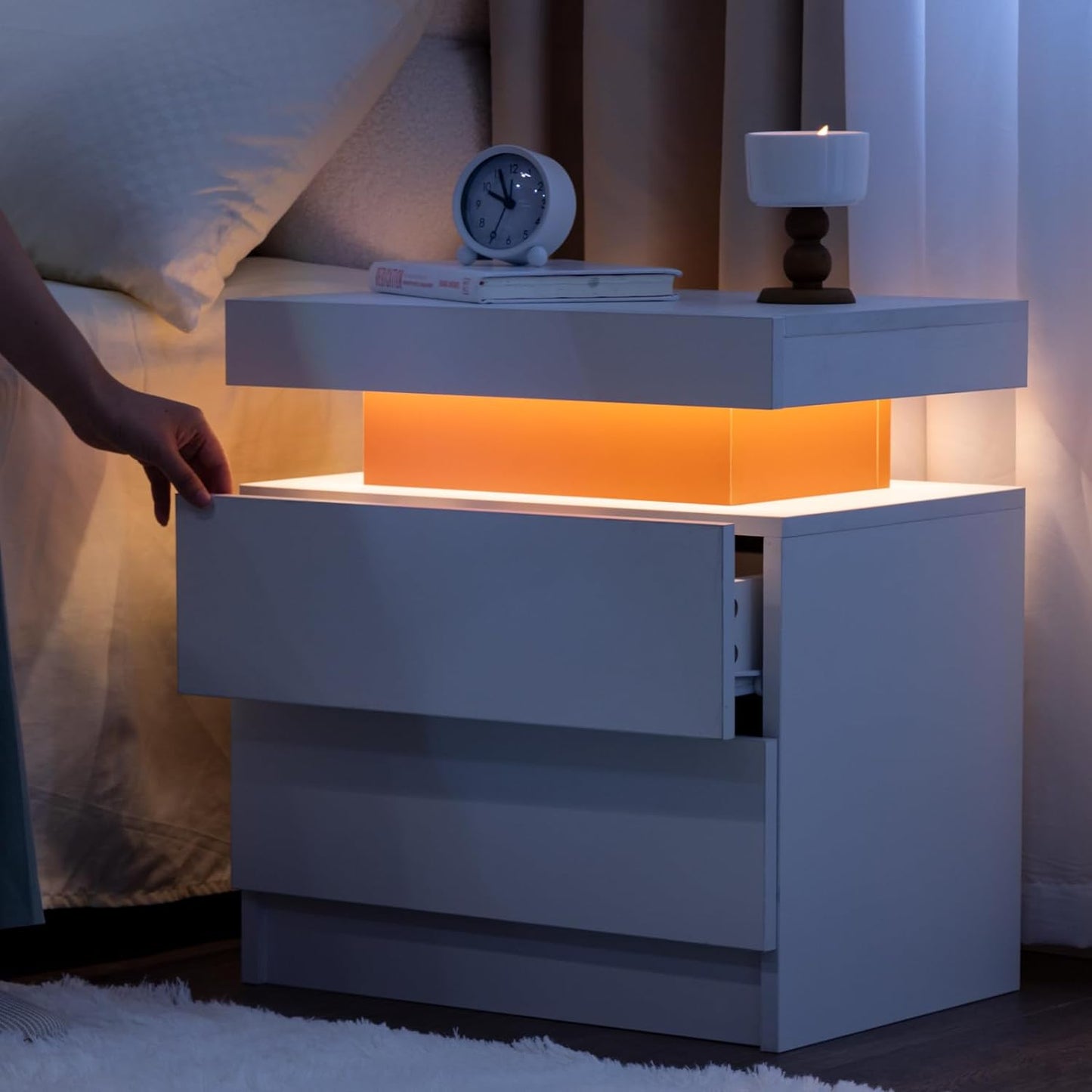 LED Nightstand,Modern Night Stand with 2 Drawers,Multi-color LED Bedside Table,Smart Nightstand for Bedroom, White end table